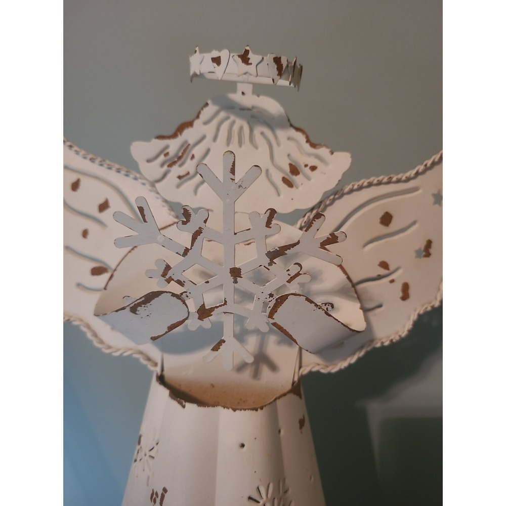 Vintage white tin /metal angel‎ with Snowflake 14" - Picture 2 of 13
